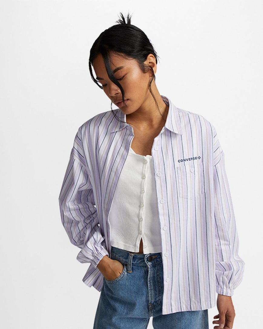 Converse Stripete Woven Button-Up Skjorte Dame Lilla | 804IPALZC